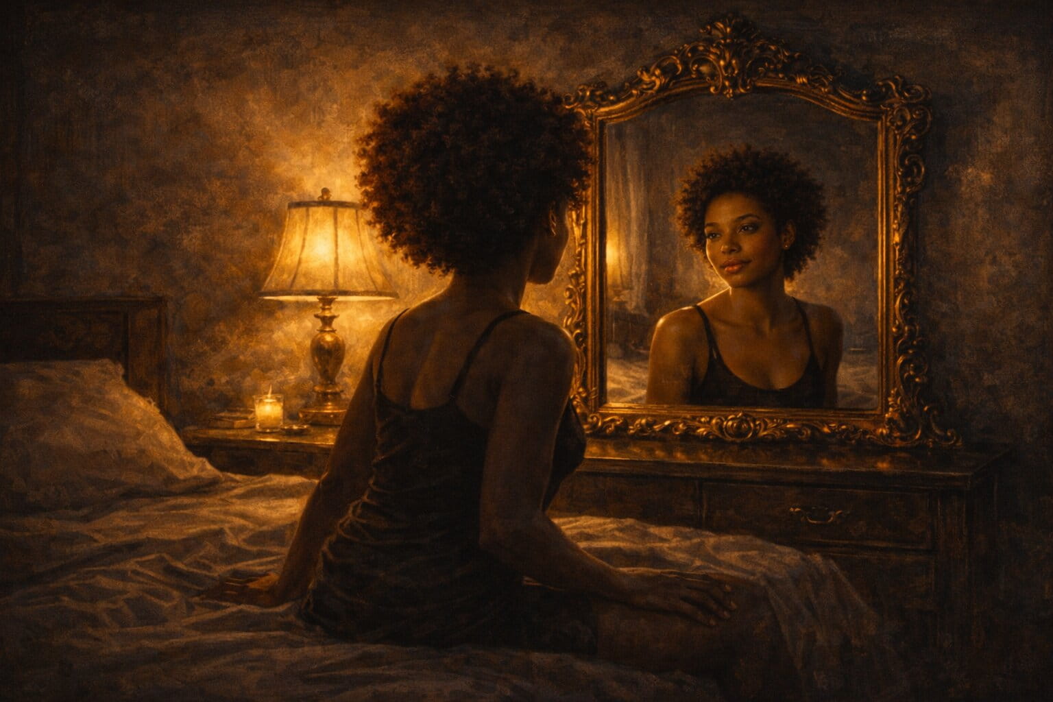 A woman studying her reflection